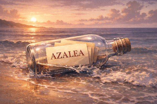 夕暮れの海辺で波に触れるガラス瓶の中に「AZALEA」と書かれた紙が重なっているイラスト