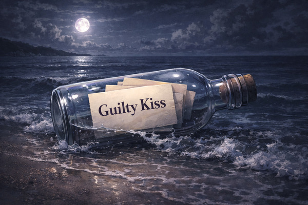 夜の海辺で波に触れるガラス瓶の中に「Guilty Kiss」と書かれた紙が入っているイラスト