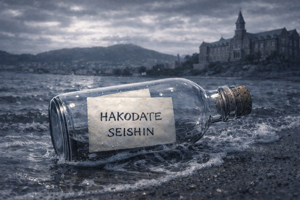 薄曇りの冷たい海辺で波に触れるガラス瓶の中に「HAKODATE SEISHIN」と手書きされた紙が入っているイラスト