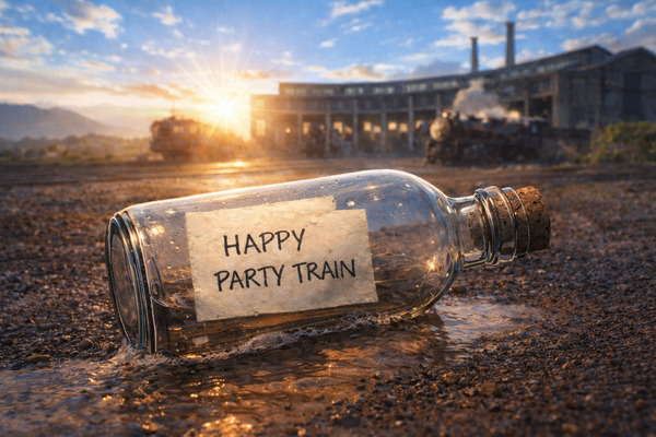 朝の光が差し込む機関庫の前で、波に触れるガラス瓶の中に「HAPPY PARTY TRAIN」と書かれた紙が入っているイラスト