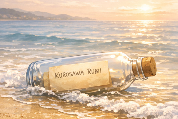 朝の海辺で波に触れるガラス瓶と「KUROSAWA RUBII」と書かれた紙のアニメ風イラスト