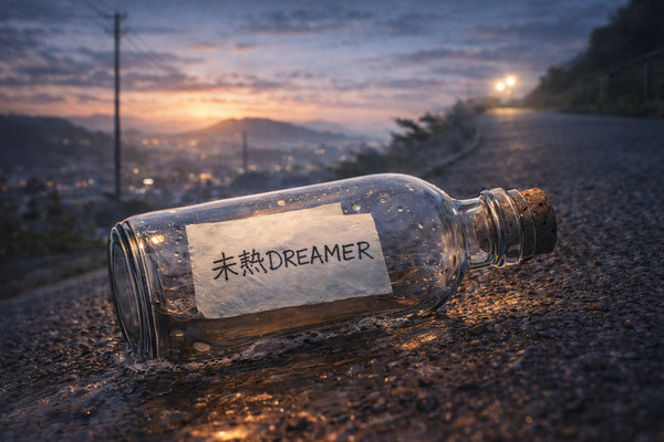 夜明け前の坂道に置かれたガラス瓶の中に「未熟DREAMER」と手書きされた紙が入っているイラスト