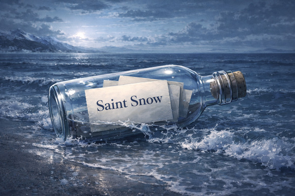 冷たい海辺で波に触れるガラス瓶の中に「Saint Snow」と書かれた紙が2枚重なっているイラスト