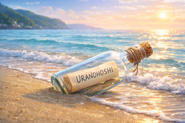 砂浜に流れ着いたガラス瓶の中に「URANOHOSHI」と書かれた紙が入っているアニメ風イメージ