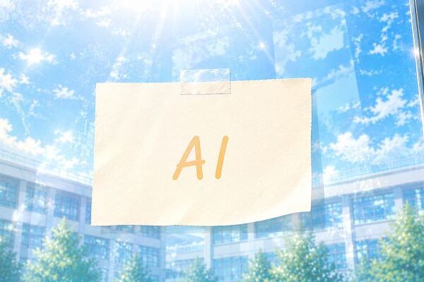ガラスに貼られた「AI」と書かれた紙が、明るい光の中で軽やかに浮かぶイメージ
