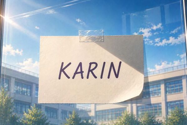 ガラスに貼られた「KARIN」と書かれた紙に、斜め上からの光が当たりくっきりとした影が落ちるイメージ