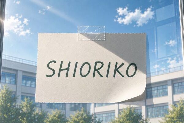 ガラスに貼られた「SHIORIKO」と書かれた紙に、落ち着いた光が当たり整った影がしっかりと出ているイメージ